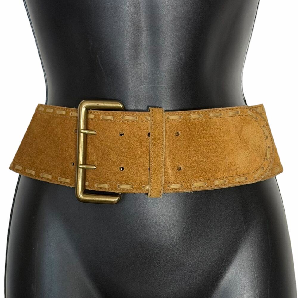 VTG 80s 90s WCM New York Tan Suede Wide Corset Belt Whipstitch Boho Size M